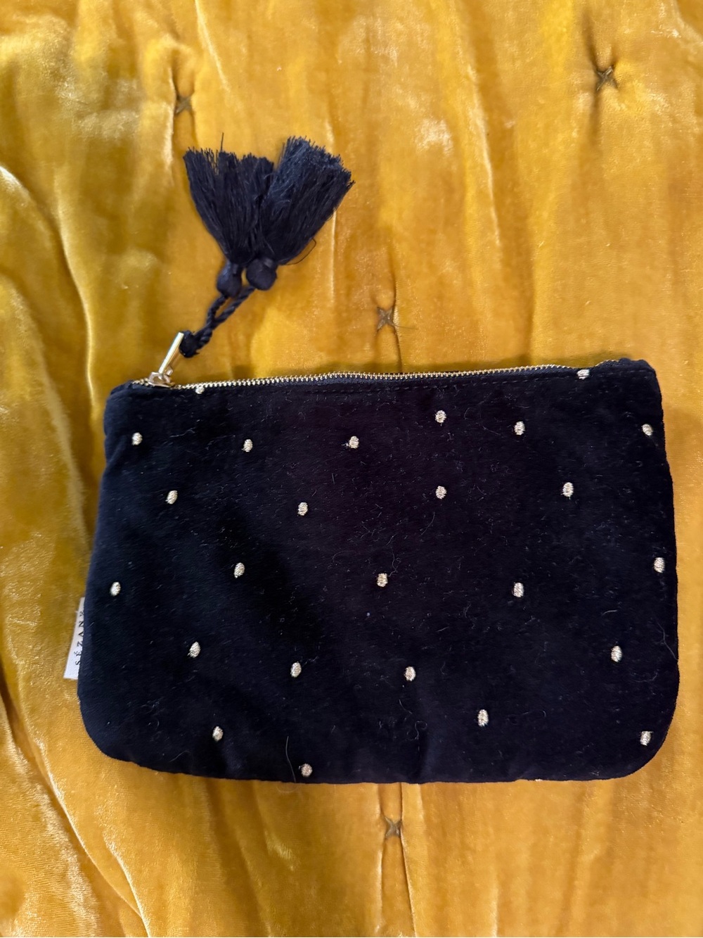Sézane Black Velvet Dot Embroidered Tassel Pouch